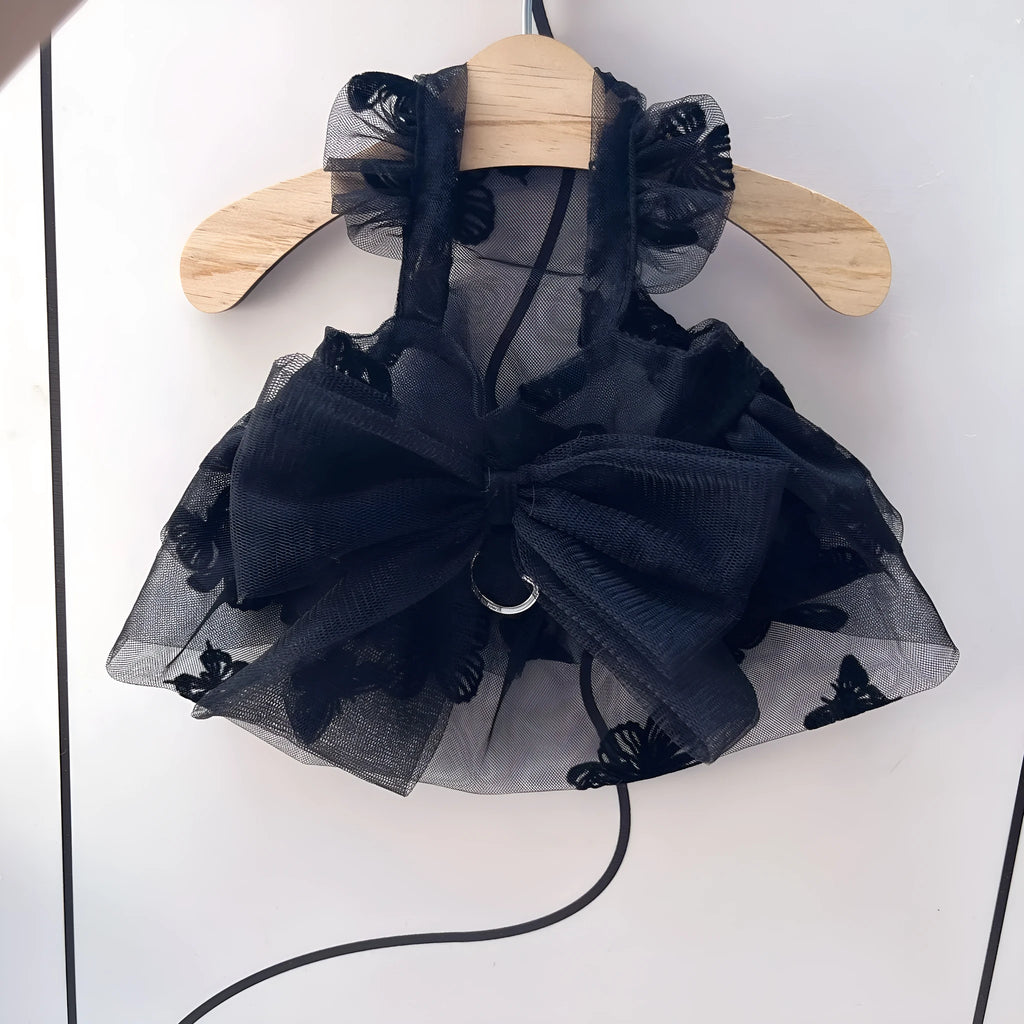 Black polyester princess tulle skirt for a small dog or cat on a white background.