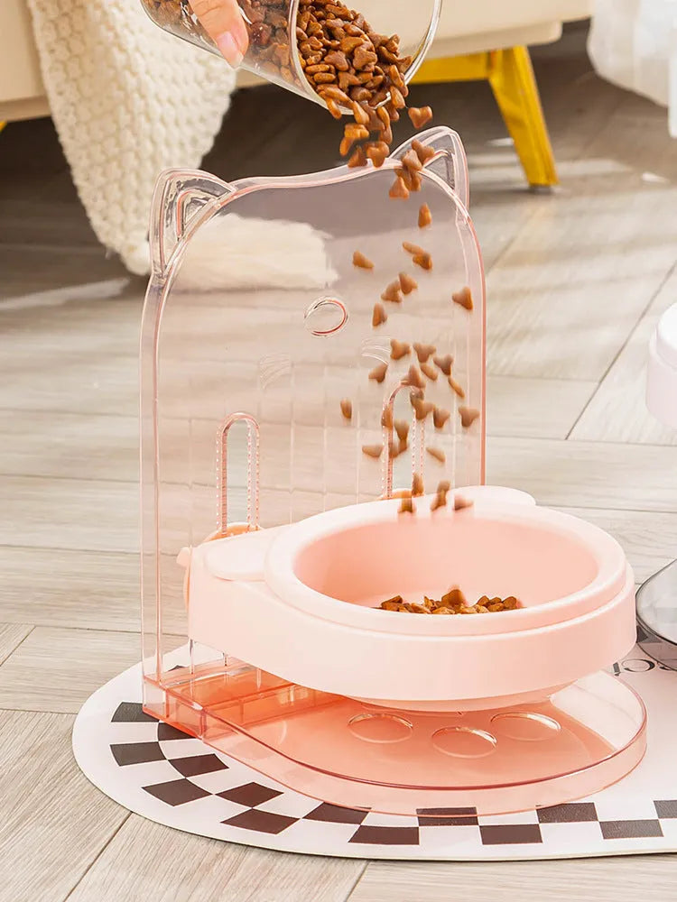 Grey cat bowl with cat ear design and anti-spill edges on adjustable hanging cage