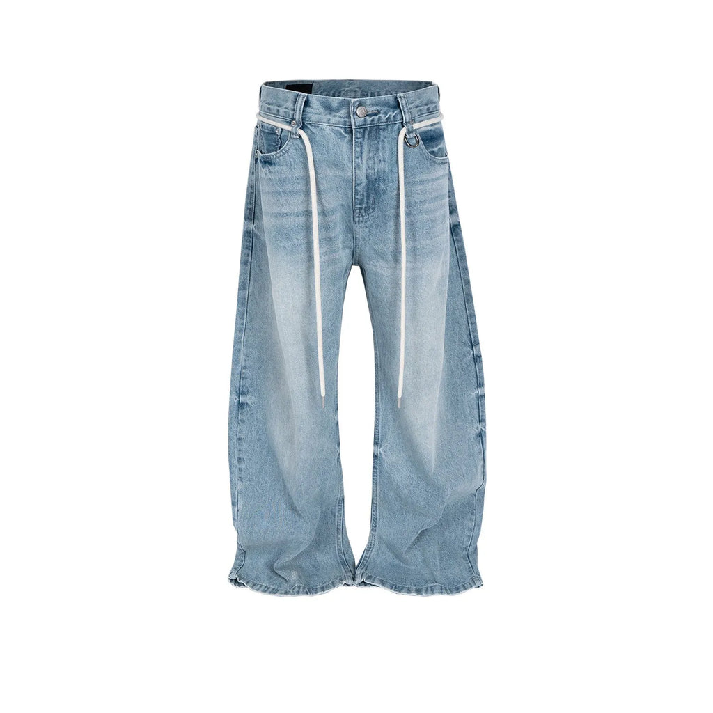 Blue vintage washed retro jeans with a drawstring belt and straight-leg fit
