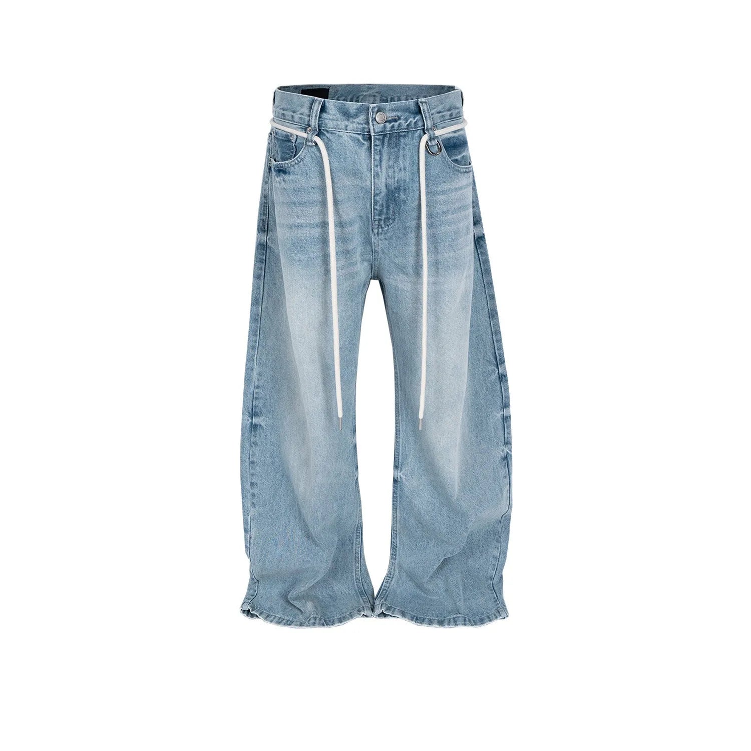 Blue vintage washed retro jeans with a drawstring belt and straight-leg fit