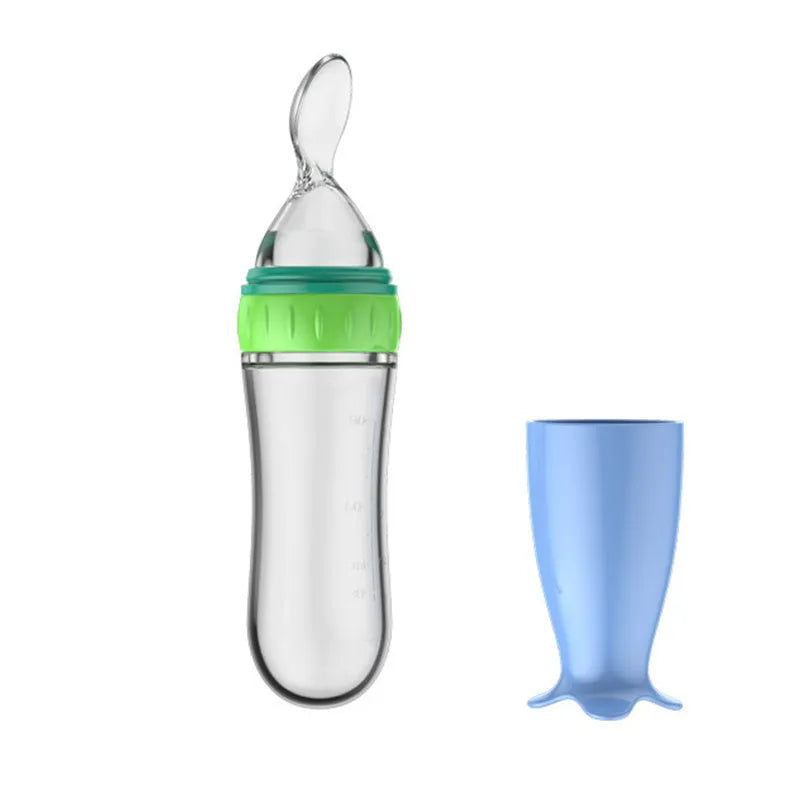 Baby silicone rice paste feeding spoon with 90ml capacity for semi-liquid foods in blue green pink white yellow 100% food grade material heat resistant to 120 degrees C long-lasting infant self-feeding utensil multi colour options
