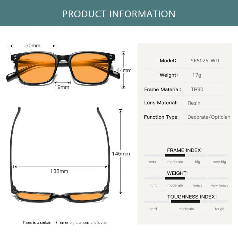 Orange tinted blue light and UV protection glasses with a TR90 frame available in multiple colours.