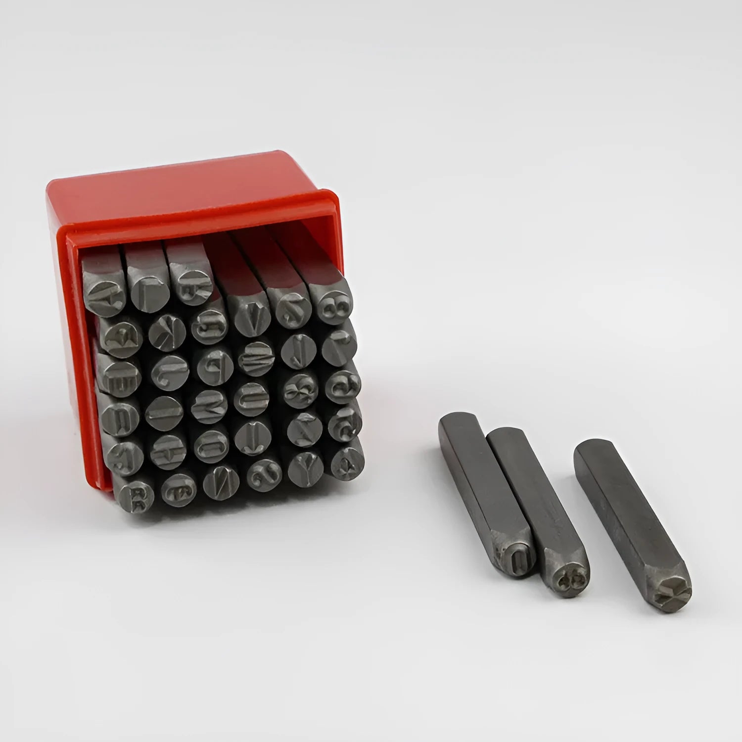 36-piece steel letter and number stamp set in sandblasted finish with storage box, four character sizes