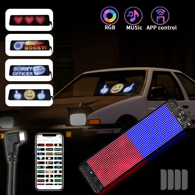 Black flexible LED screen for car rear windshield with Bluetooth control and USB power cable