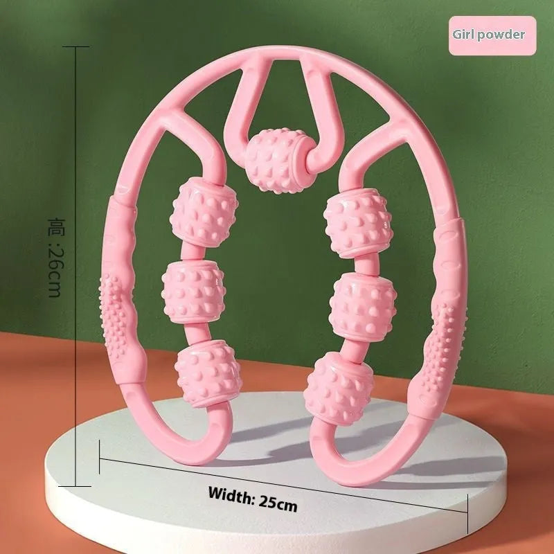 Handheld plastic leg massager roller with multiple wheels in macaron pink colour