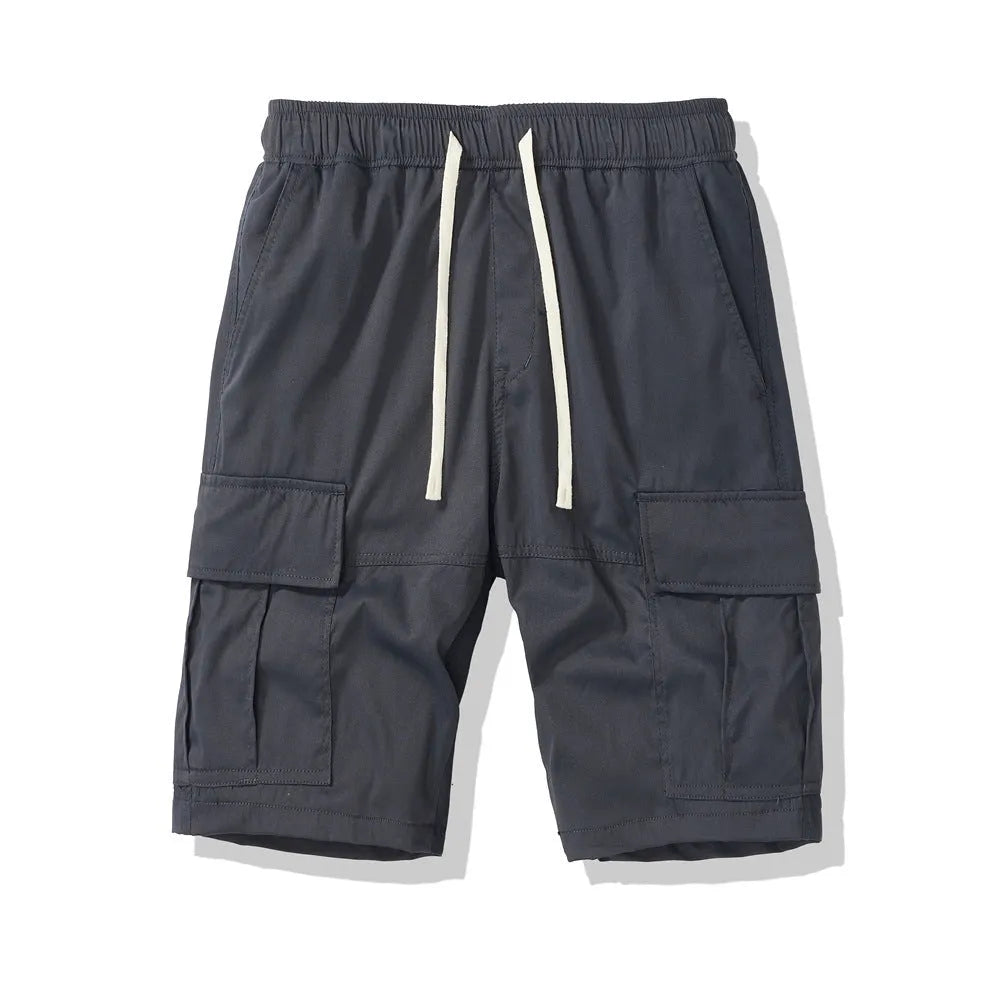 Men's multi-pocket loose cropped pants in dark blue polyester fabric for summer outdoor wear
