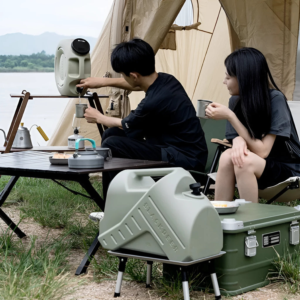 Green collapsible camping water storage tank shown in 13-litre snail and 18-litre backpack styles