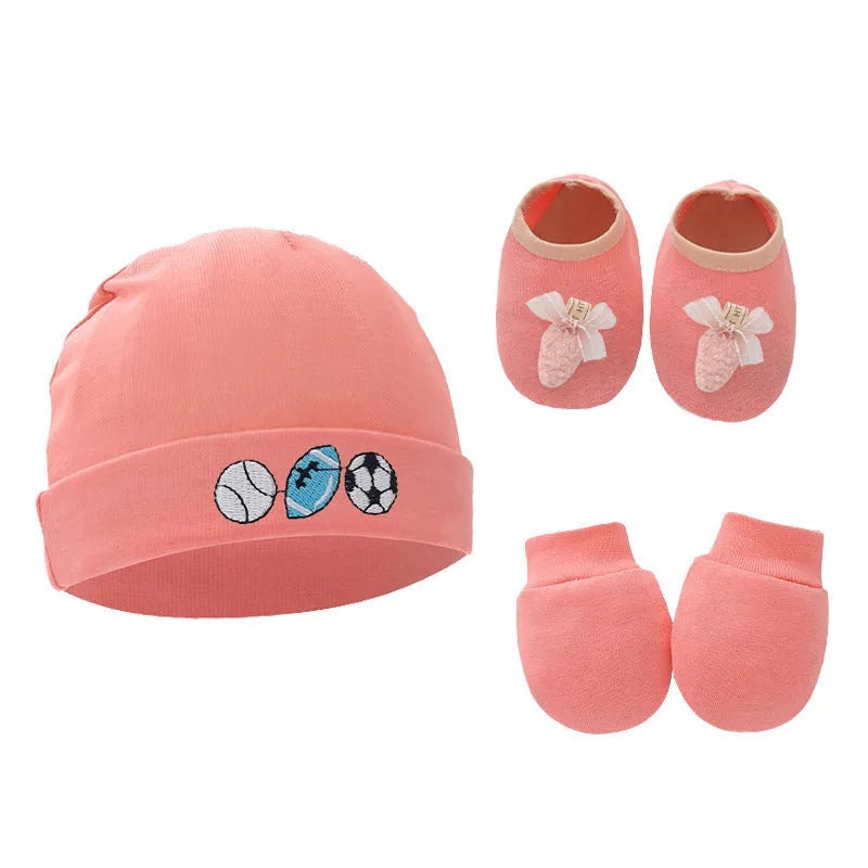 Baby cotton gloves and foot cover set with a pullover cap in multiple colour options