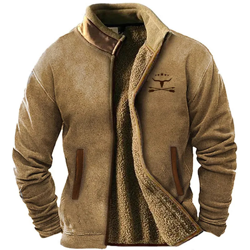 Men's green fleece-lined padded polyester coat showing regular length and sizing from S to 5XL