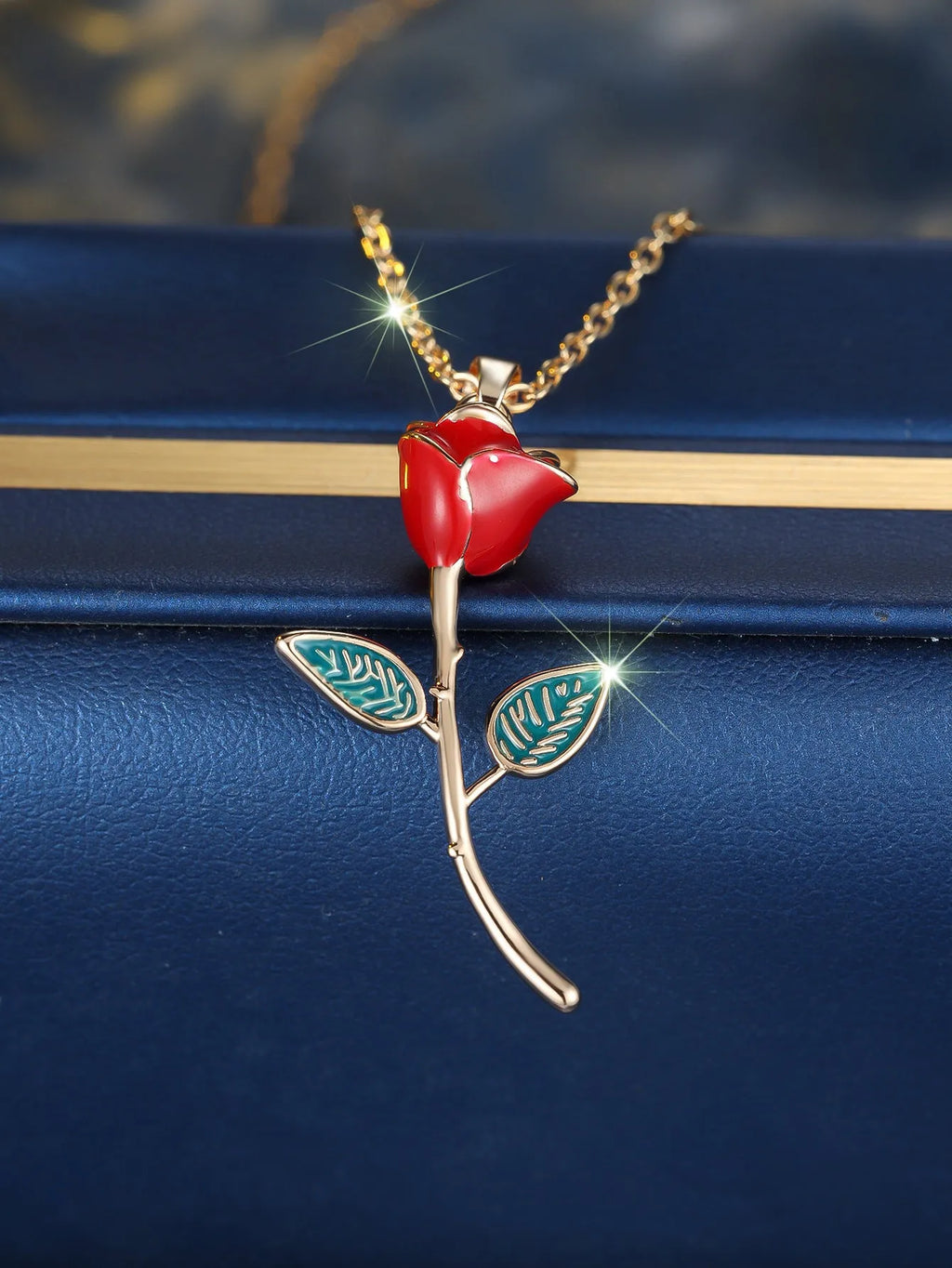 Champagne gold rose-shaped copper pendant necklace on adjustable O-ring chain