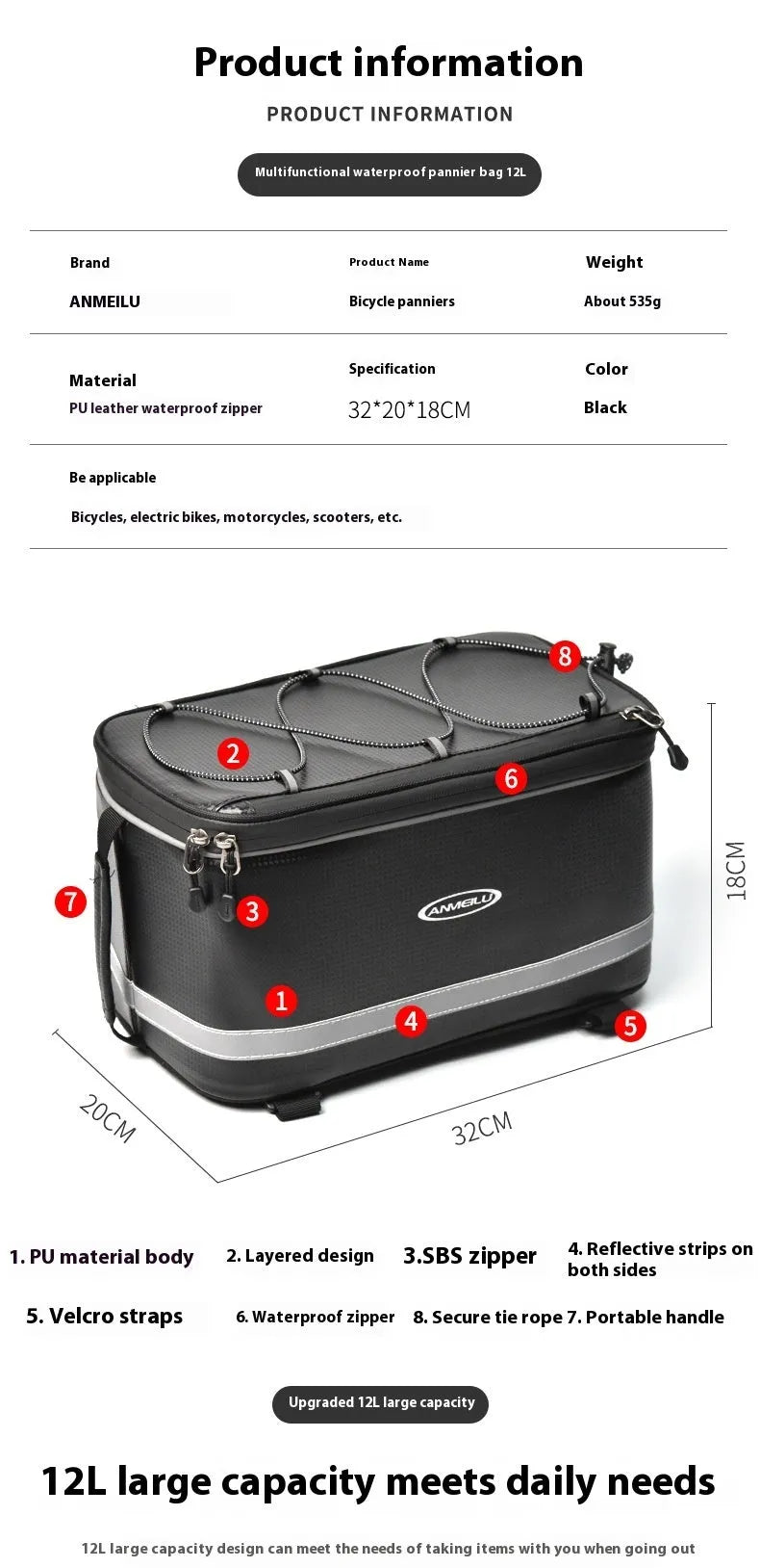 Black waterproof bicycle rack bag with 12L capacity for vehicle mountain equipment transport