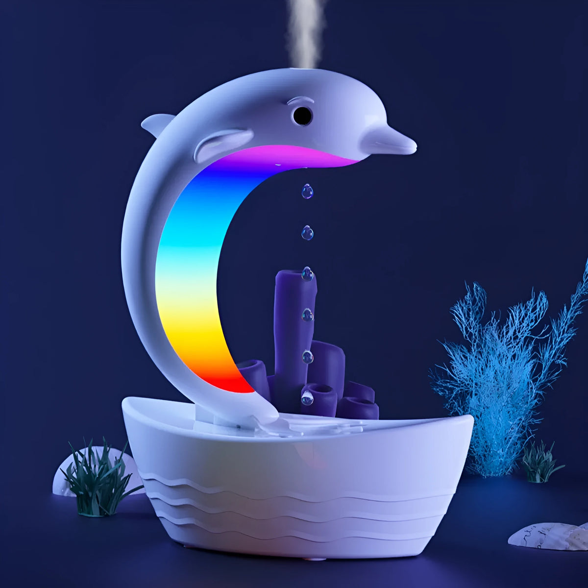 Dolphin-shaped Bluetooth speaker humidifier in white with fine mist output and sea light glow