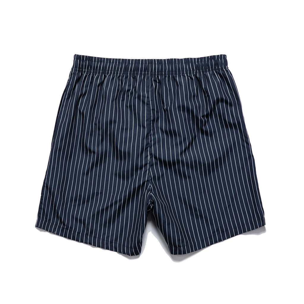 Men's striped polyester shorts in light blue, shown on a beach.