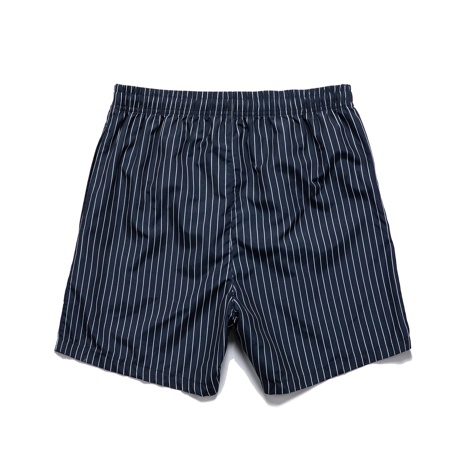 Men's striped polyester shorts in light blue, shown on a beach.