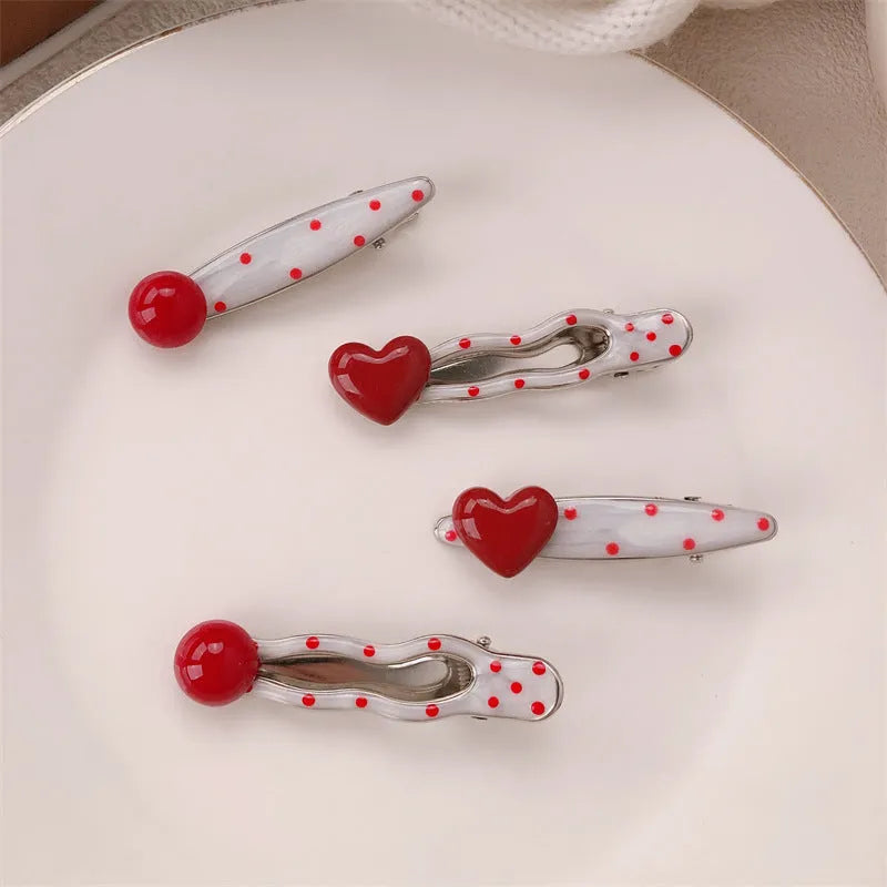Red love heart-shaped hair barrette with 3D design, retro dots, and willow leaf decoration.