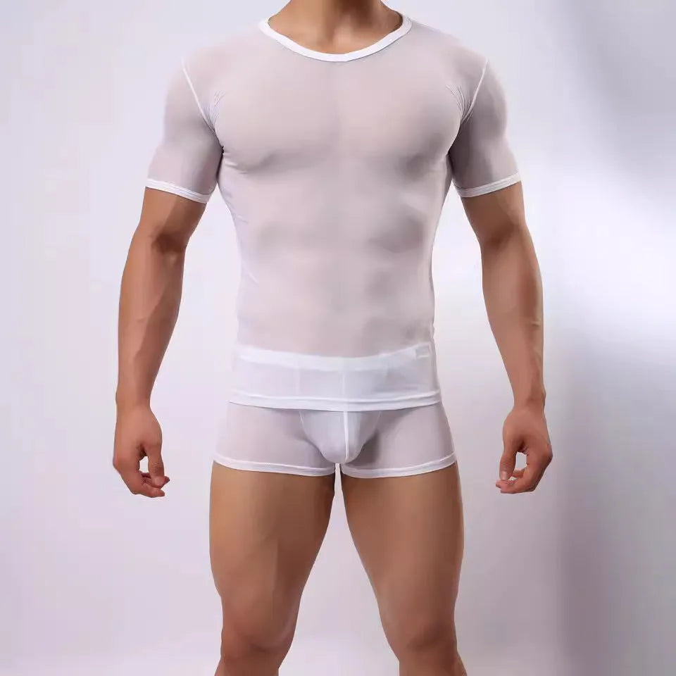 Men's slim fit nylon mesh T-shirt in solid colours including sapphire blue and black.