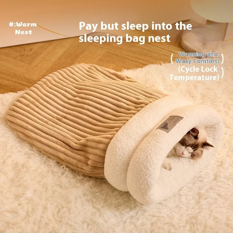 Brown grey white pet sleeping bag semi enclosed design for indoor cat dog use