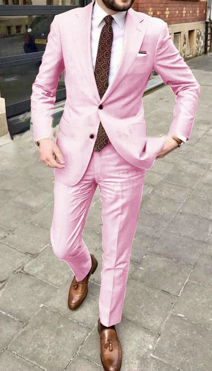 Men's slim fit two-button business suit in acetate fabric, shown in multiple colours with size chart.