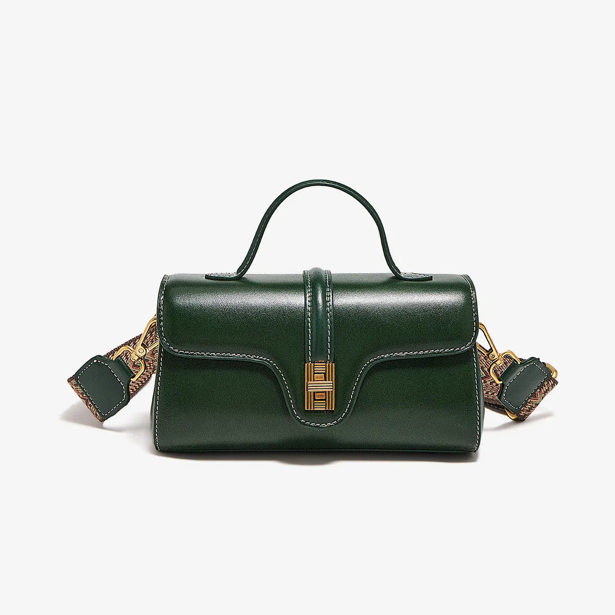 Cambridge-style leather messenger bag in clamshell design with lock detail and internal compartments