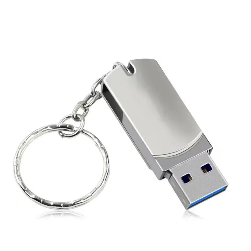 White metal USB flash drive with rotational mechanism showing compact 34mm design