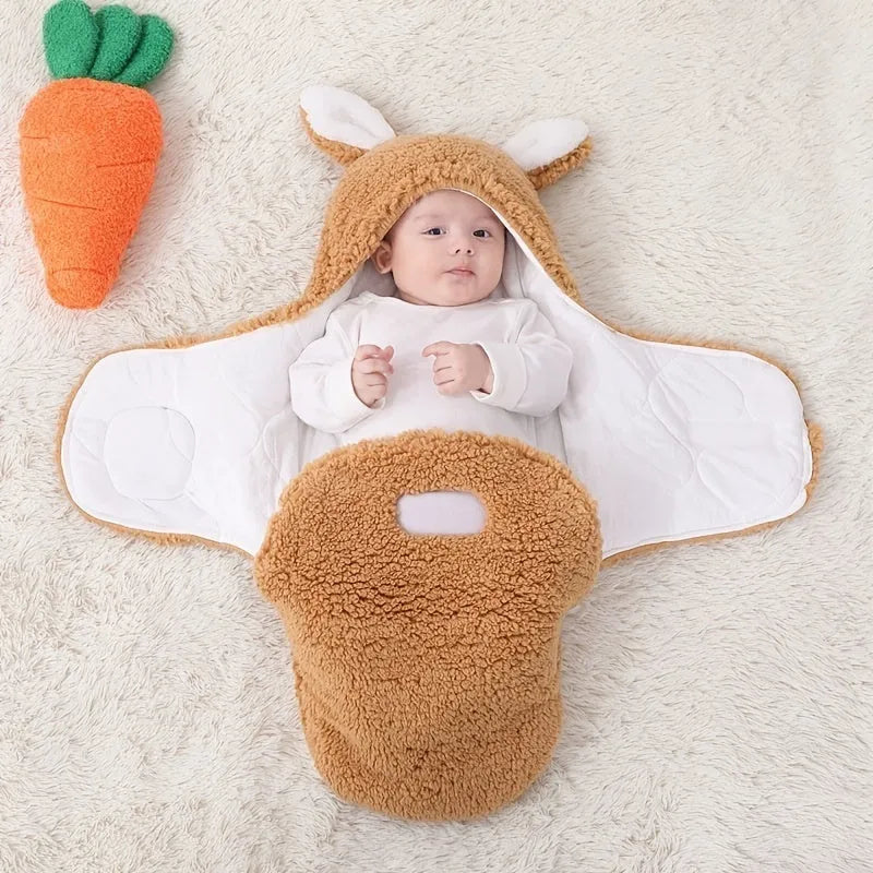 Fluffy fleece baby sleeping bag swaddle in blue with adjustable hook-and-loop closure for newborn