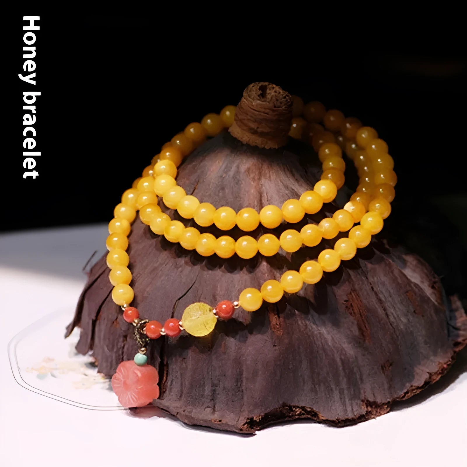 Yellow chicken grease beeswax amber bracelet with animal zodiac design in retro style
