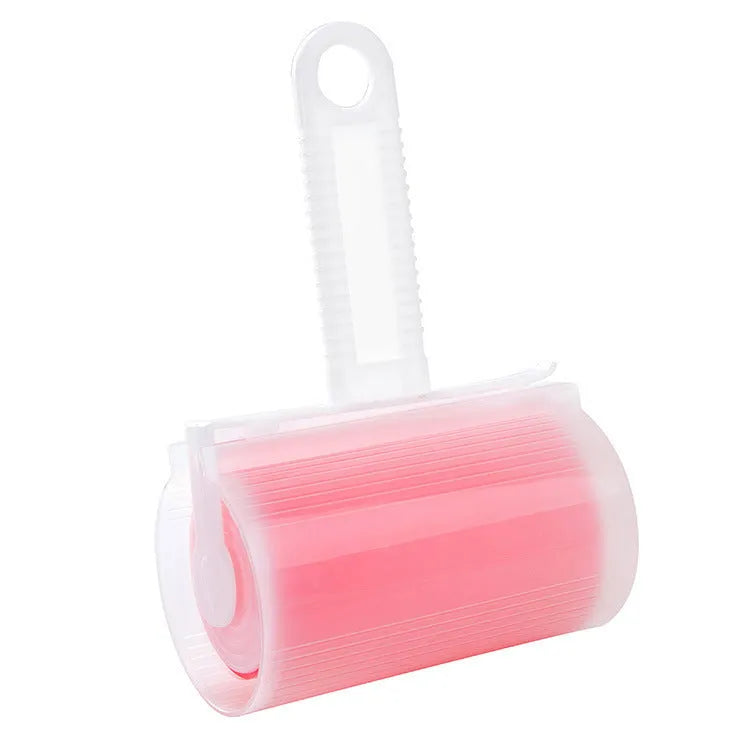 Washable reusable lint roller with cover in blue, green, pink, or yellow colours for pet hair removal