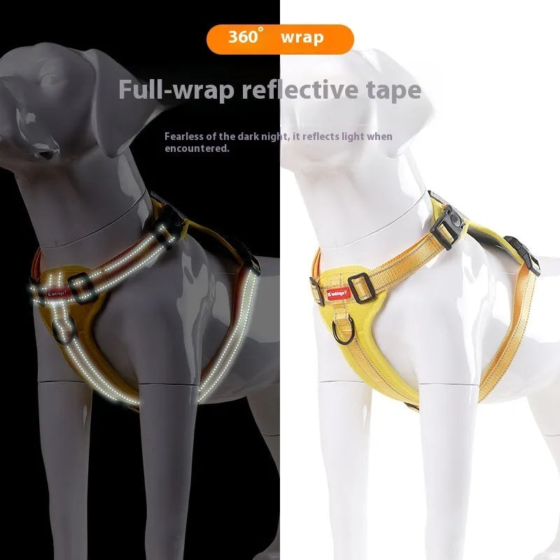 Adjustable polyester dog harness and lead in multiple colours on a size chart.