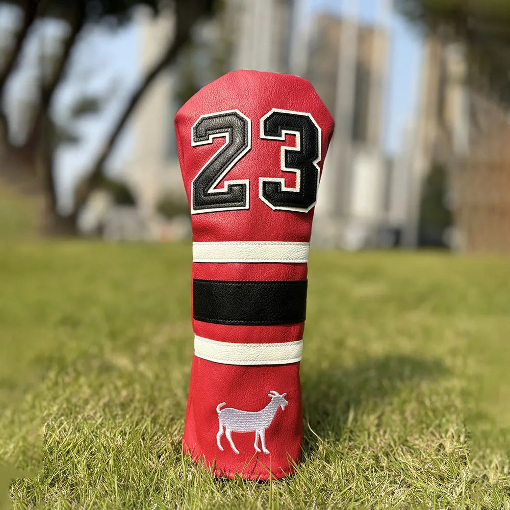 Set of four PU golf club headcovers including a square putter cover and chicken drumstick wood covers
