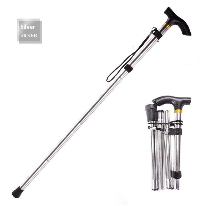Adjustable aluminium folding walking cane in black with non-slip handle, shown extended and folded.