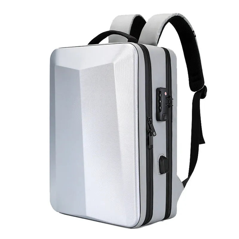 Men's black waterproof business backpack with curved shoulder straps and a splicing design detail.