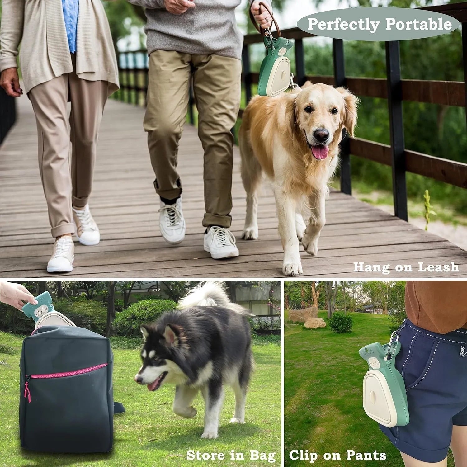 Blue portable dog pooper scooper with clip, expandable waste container, and bag dispenser.