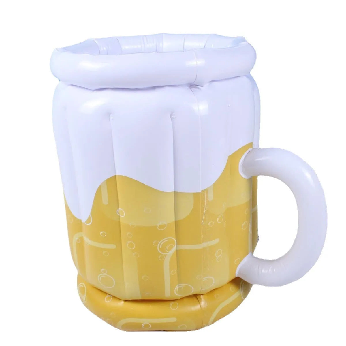 Large yellow inflatable beer mug shaped pool float drink cooler with ice compartment