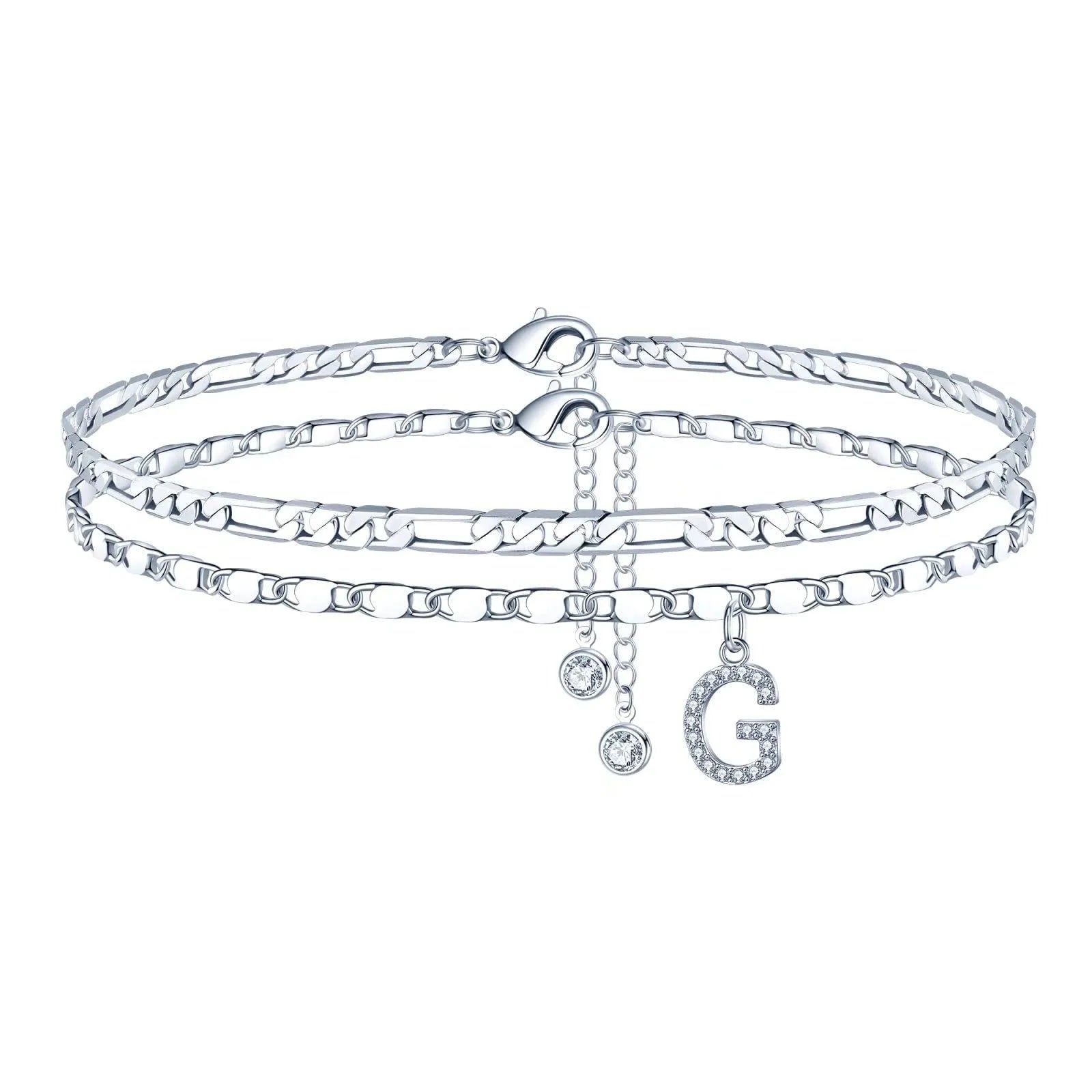 Silver-coloured copper anklet with a double-circle bead engraved with a letter.