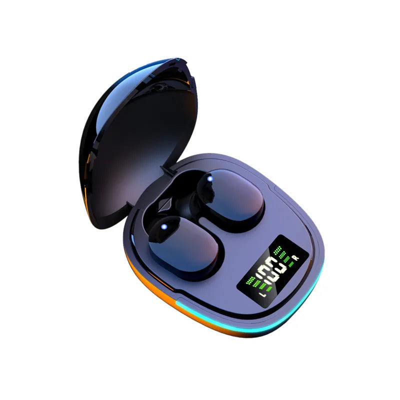 Black true wireless in-ear Bluetooth headphones with charging box showing digital battery display
