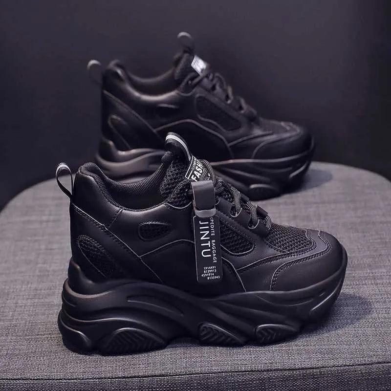Women's black mesh platform casual shoes with hollow-out toe holder and TPR sole