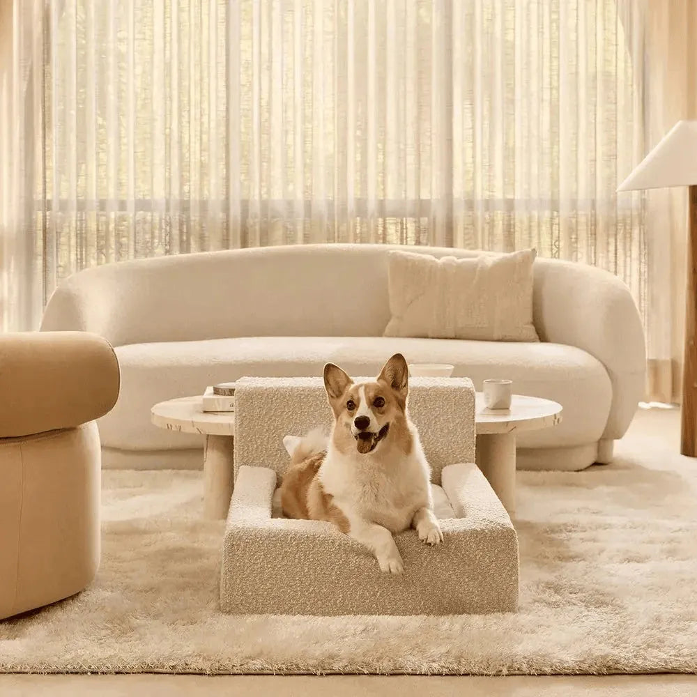 White rectangular dog mat with backrest and sponge filling, size L, on a wooden floor