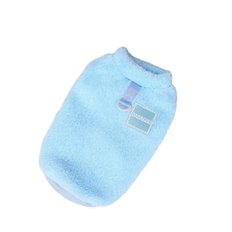 Blue coral fleece pet jacket with a coloured pull ring, shown on a mannequin.