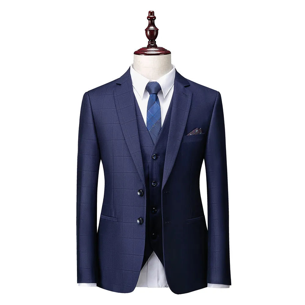 Men's navy blue slim fit three-piece plaid business casual suit with jacket, vest and trousers