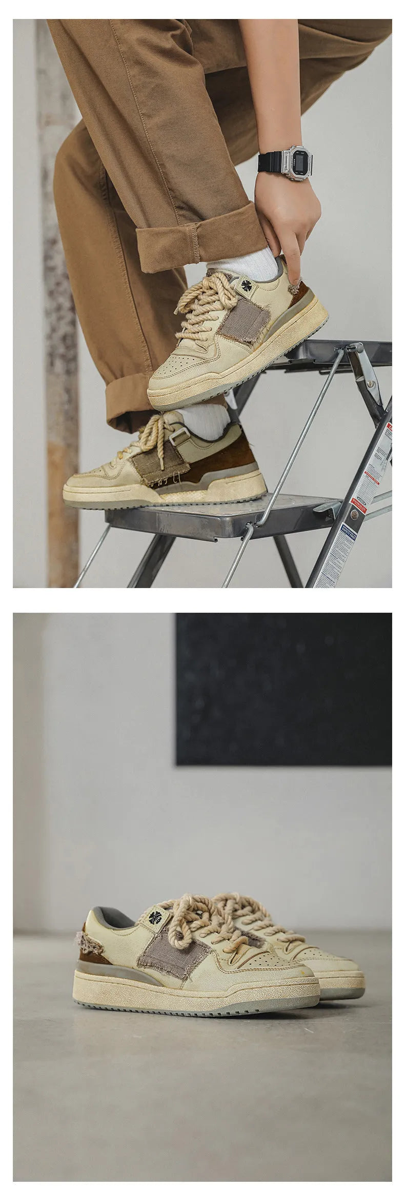 Beige low-top vintage skateboard shoes with round toe and rubber sole on a white background