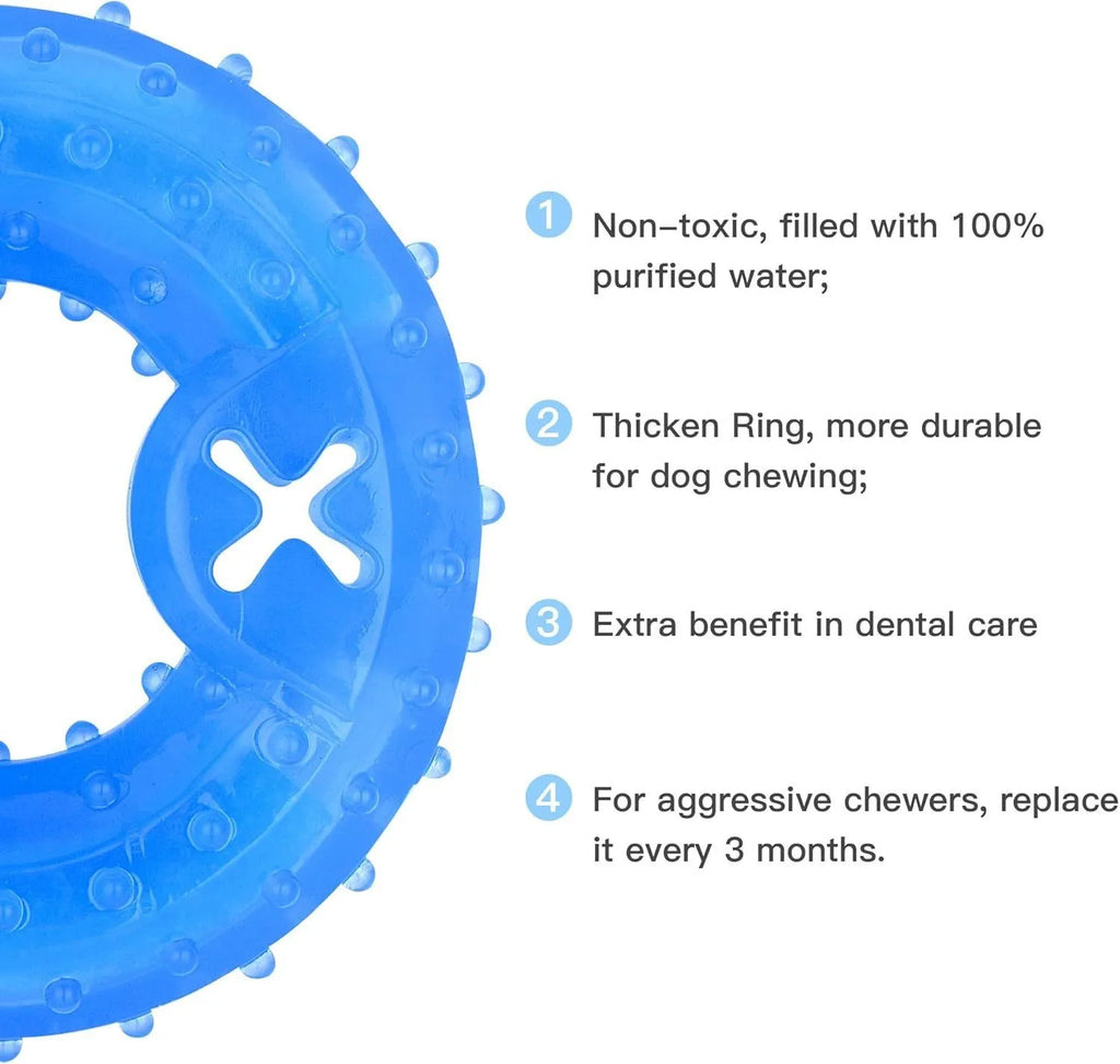 A durable bone-shaped and circle-shaped dog cooling chew toy on a blue background.