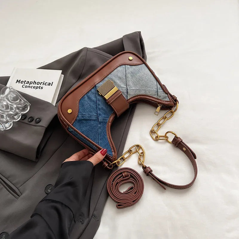 Brown denim women's shoulder bag with diamond mesh detail and bucket design