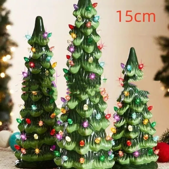 European style resin Christmas tree ornament with LED lights in coloured or warm white, shown in 20cm, 25cm, and 30cm sizes.