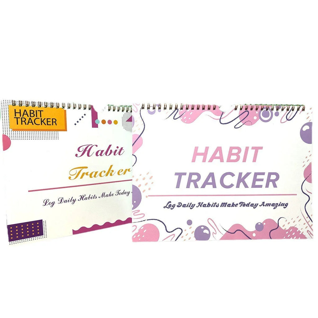A4 habit tracking book with coloured cover open to show interior pages