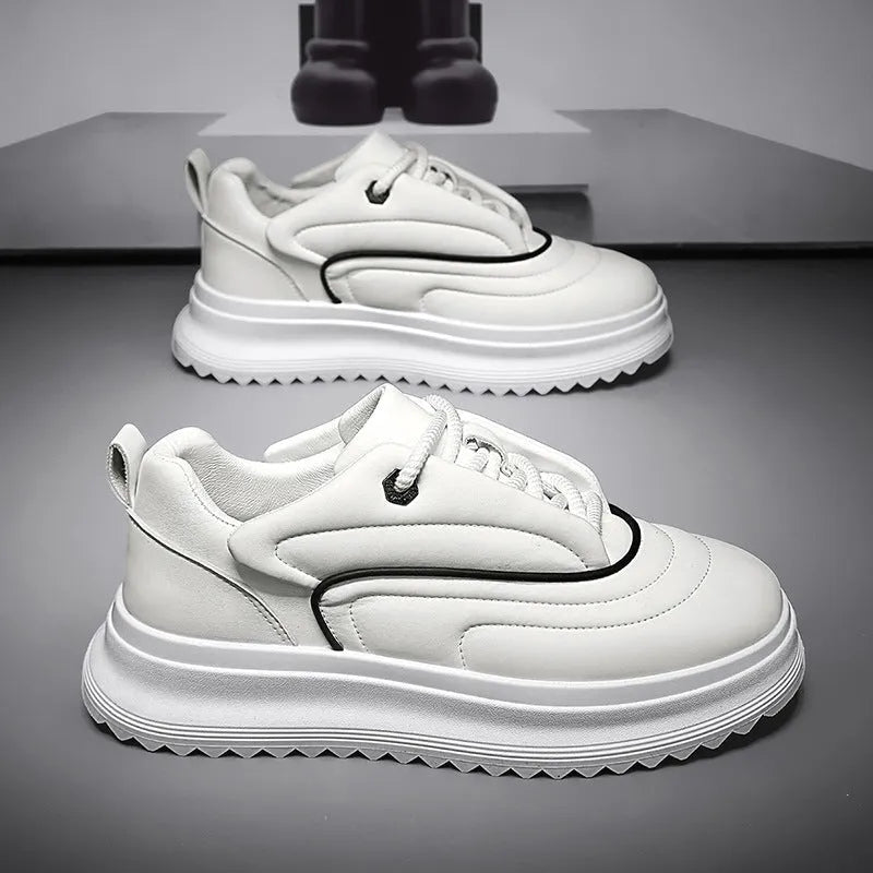 PU leather casual platform shoes in black, white or khaki with a thick sole and cowhide upper.