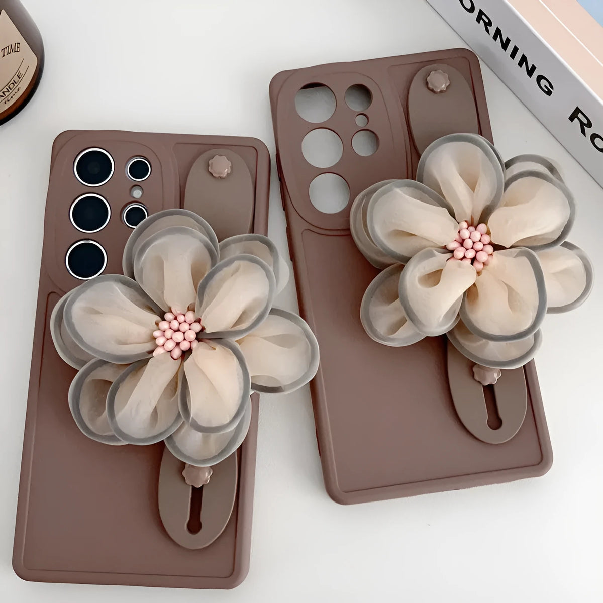 Brown frosted silicone phone case with built-in bracket and wrist strap for Samsung smartphone