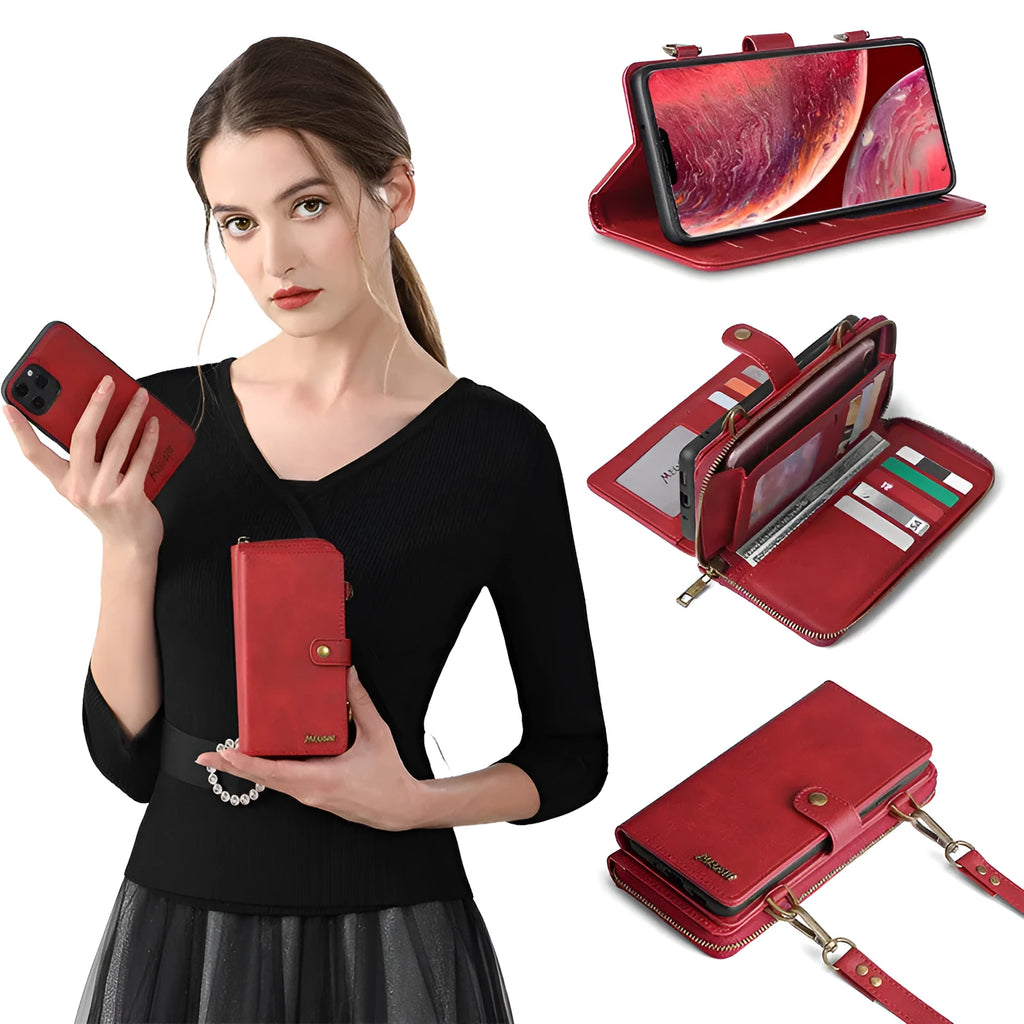 Black detachable magnetic wallet phone case shown attached and separated, next to a smartphone.