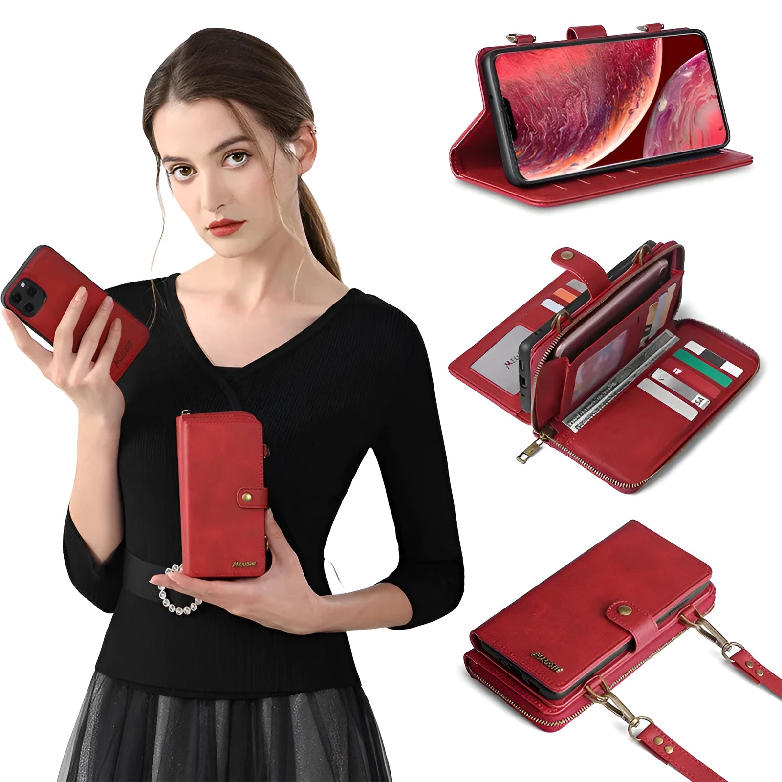Black detachable magnetic wallet phone case shown attached and separated, next to a smartphone.