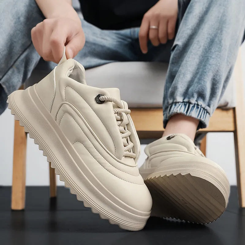 PU leather casual platform shoes in black, white or khaki with a thick sole and cowhide upper.