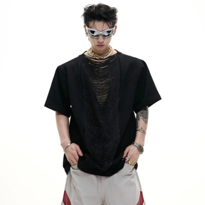 Men's drum black polyester t-shirt with V-neck design and loose fit styling